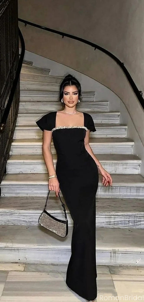 Unique Black Short Sleeve Mermaid Side Slit Long Prom Dress Ideas, Evening Party Dresses, OLP1404