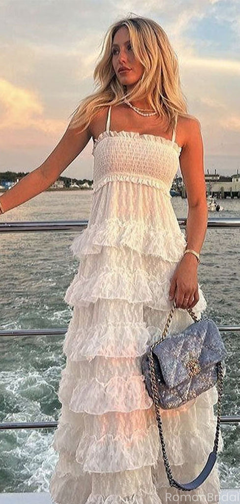 Pretty White Tiered Tulle Prom Dress Sexy Smocked Bodice Sleeveless A-Line Gown,OLP1830