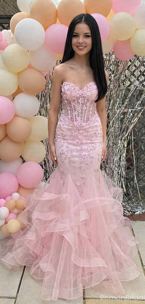 Fancy Pink Sweetheart Corset Prom Dress 3D Floral Ruffle Tiered Mermaid Gown,OLP1842