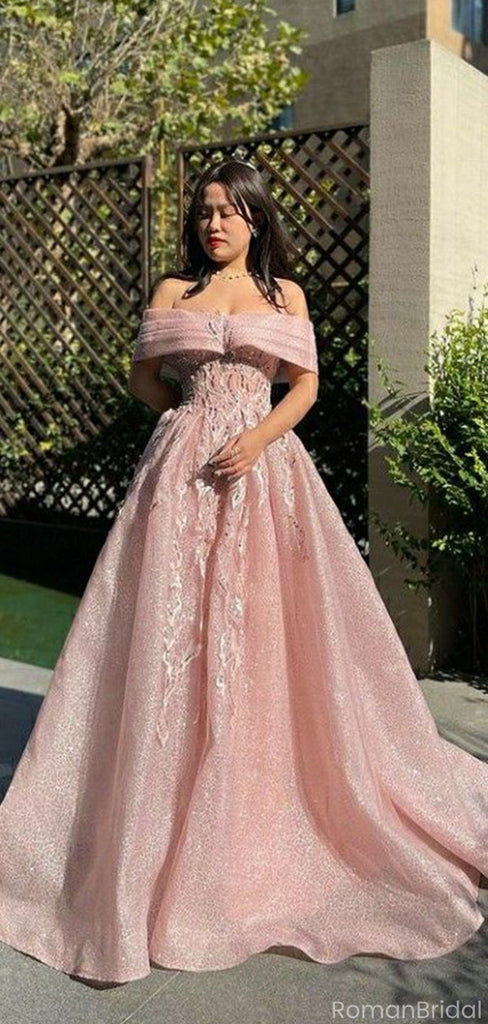 Charming Pink Off-Shoulder A-Line Long Prom Dress Ideas, Evening Party Dresses, OLP1566