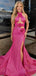 Stunning Hot Pink Halter Prom Gown Triple Rosette Cutout Satin High Slit Dress,OLP1881