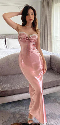 Elegant Pink Spaghetti Strap Mermaid Long Prom Dress Ideas, Evening Party Dresses, OLP1353