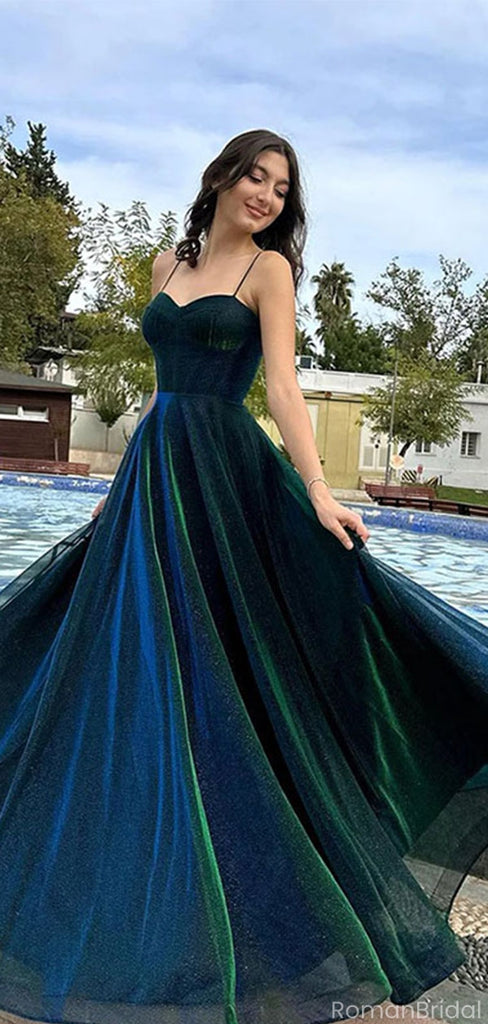 Unique Navy Blue Spaghetti Strap A-Line Long Prom Dress Ideas, Evening Party Dresses, OLP1591