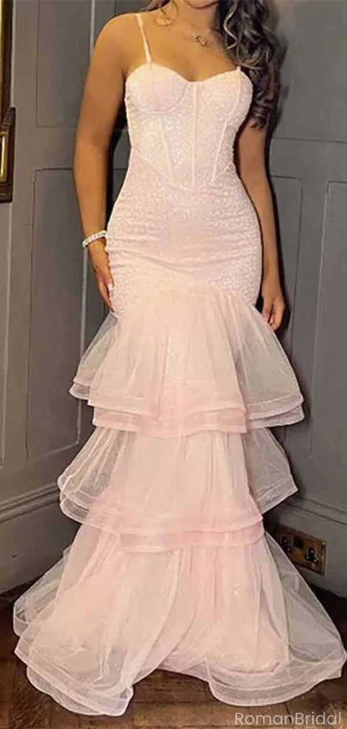Elegant Pink Spaghetti Strap Mermaid Long Prom Dress Ideas, Evening Party Dresses, OLP1429