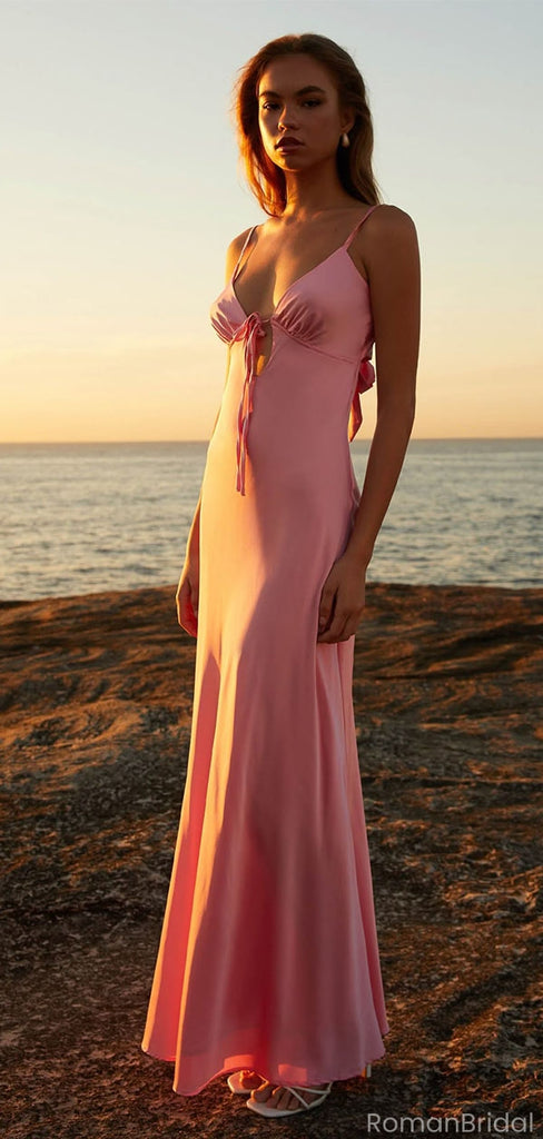 Pretty Pink Satin Maxi Mermaid Prom Dress with Tie-Front Cutout,OLP1784