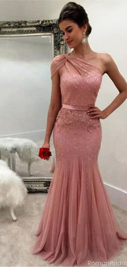 Sparkly Pink One-Shoulder Mermaid Long Prom Dress Ideas, Evening Party Dresses, OLP1416