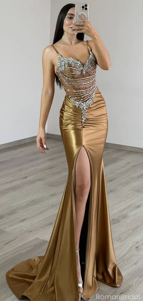 Elegant Gold Spaghetti Strap Mermaid Long Prom Dress Ideas, Evening Party Dresses, OLP1632