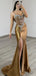 Elegant Gold Spaghetti Strap Mermaid Long Prom Dress Ideas, Evening Party Dresses, OLP1632