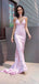 Sexy V Neck Pink Satin Prom Dress Sleeveless Mermaid Gown with High Slit, OLP1692