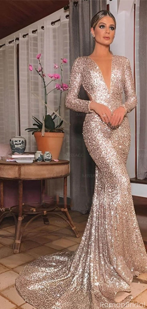 Sparkly Champagne V-Neck Long Sleeve Mermaid Long Prom Dress Ideas, Evening Party Dresses, OLP1617