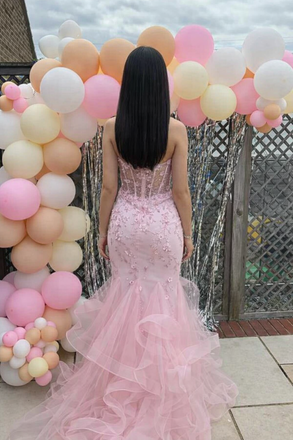 Fancy Pink Sweetheart Corset Prom Dress 3D Floral Ruffle Tiered Mermaid Gown,OLP1842