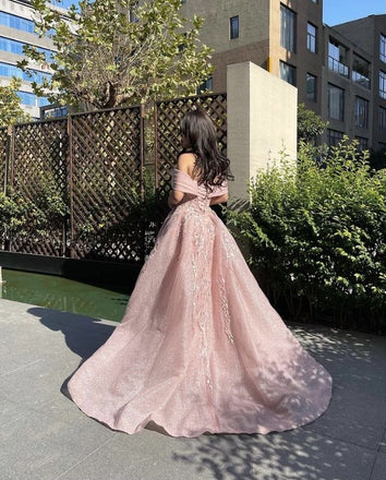 Charming Pink Off-Shoulder A-Line Long Prom Dress Ideas, Evening Party Dresses, OLP1566