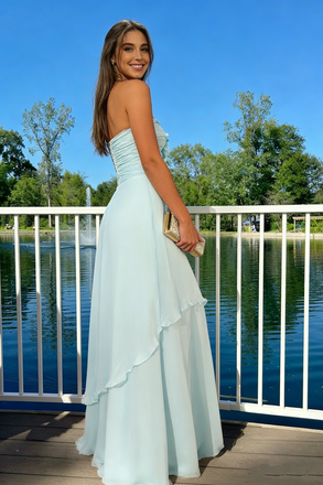 Dreamy Light Blue Strapless Chiffon Prom Gown Featuring 3D Floral Motif,OLP2109