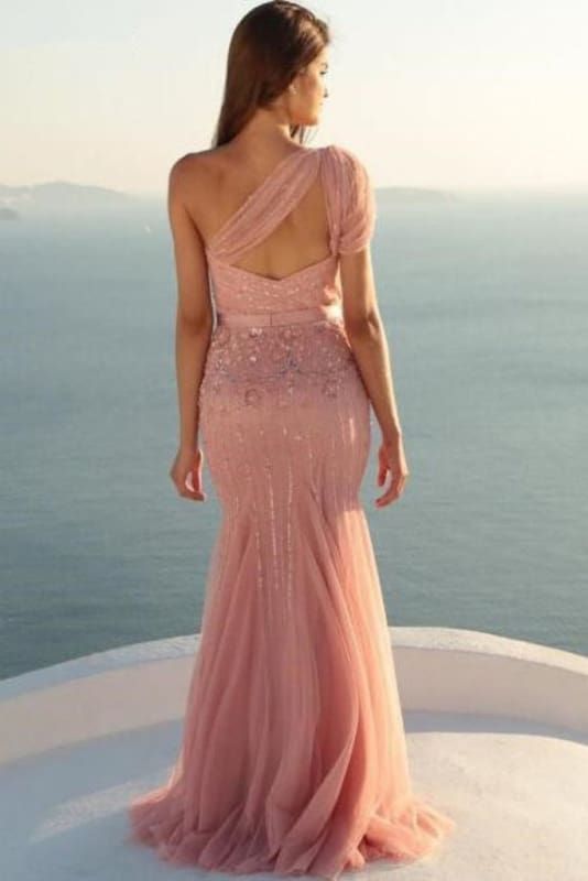 Sparkly Pink One-Shoulder Mermaid Long Prom Dress Ideas, Evening Party Dresses, OLP1416