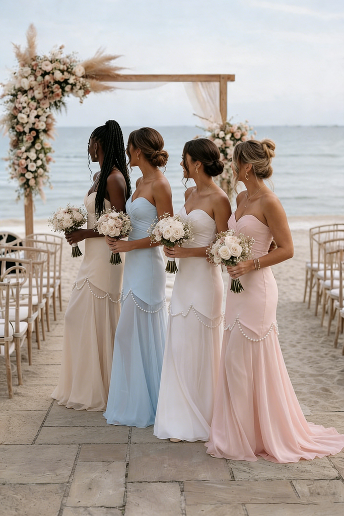 Classy Pearl Trimmed Mermaid Bridesmaid Dress Strapless Scalloped Hemline,BG957