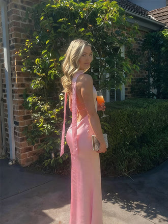 Sexy Halter Pink Halter Mermaid Long Prom Dress Ideas, Evening Party Dresses, OLP1379