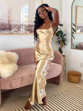 Elegant Yellow Spaghetti Strap Mermaid Long Prom Dress Ideas, Evening Party Dresses, OLP1658