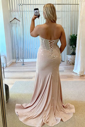 Classy Sparkly Sequin Prom Dress Square Neck Sheer Corset High Slit Sparkle Formal Gown, OLP1706