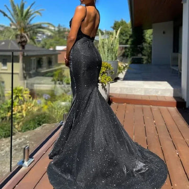Sparkly Black Spaghetti Strap Mermaid Long Prom Dress Ideas, Evening Party Dresses, OLP1554