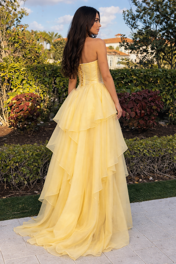 Unique Yellow Ruffle Prom Gown Strapless Cowl Neck High-Low Tiered Dress,OLP1853