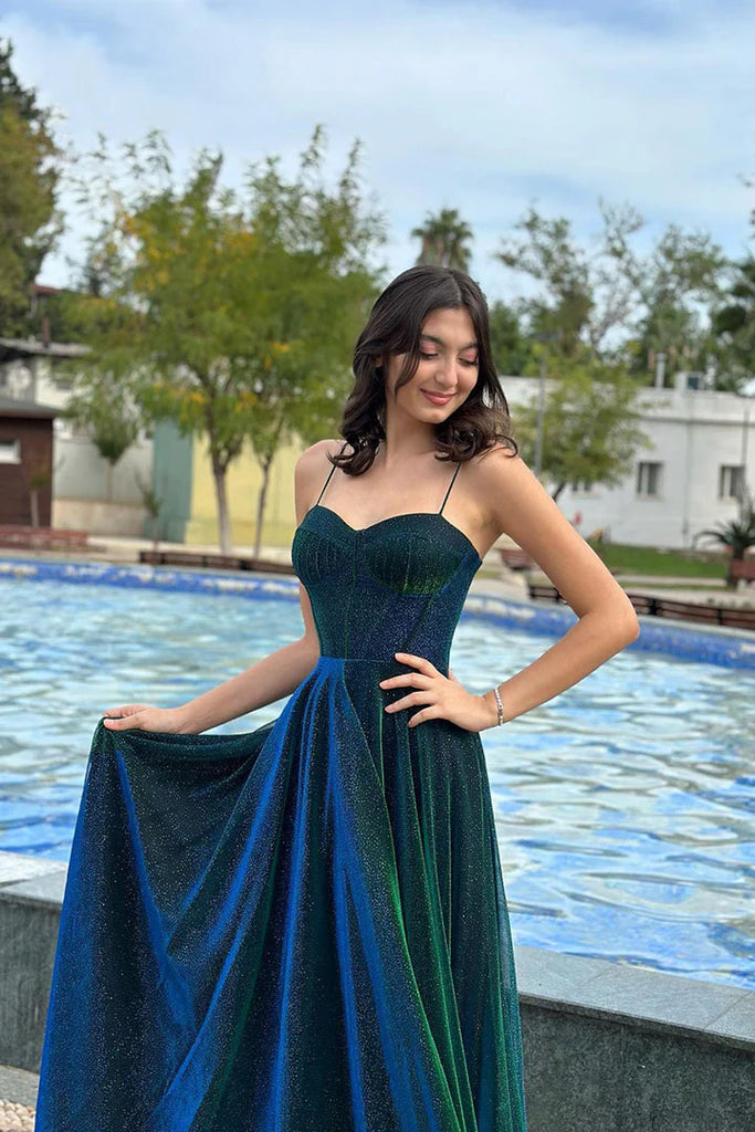 Unique Navy Blue Spaghetti Strap A-Line Long Prom Dress Ideas, Evening Party Dresses, OLP1591