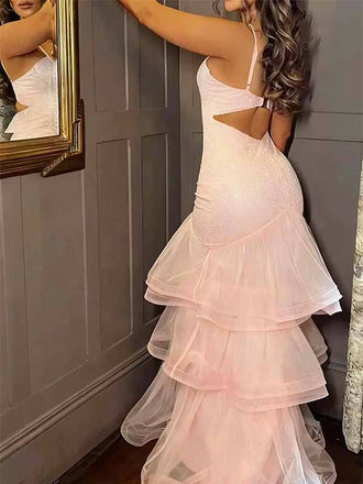 Elegant Pink Spaghetti Strap Mermaid Long Prom Dress Ideas, Evening Party Dresses, OLP1429
