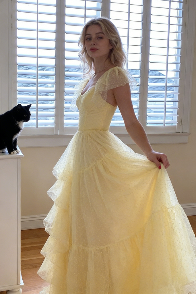 Pretty Yellow Sweetheart Tulle Prom Gown Flutter Sleeve Tiered A-Line Dress,OLP2052