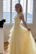 Pretty Yellow Sweetheart Tulle Prom Gown Flutter Sleeve Tiered A-Line Dress,OLP2052