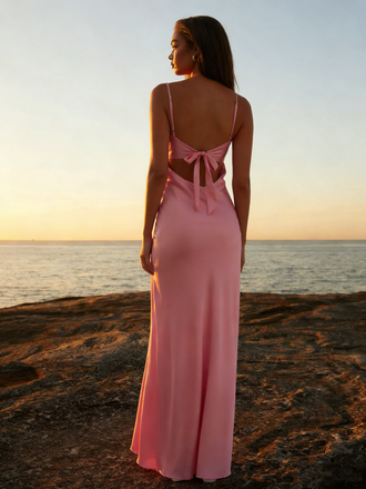 Pretty Pink Satin Maxi Mermaid Prom Dress with Tie-Front Cutout,OLP1784