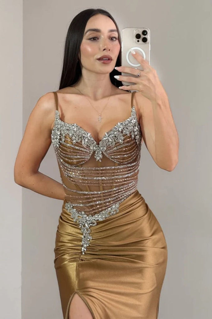 Elegant Gold Spaghetti Strap Mermaid Long Prom Dress Ideas, Evening Party Dresses, OLP1632