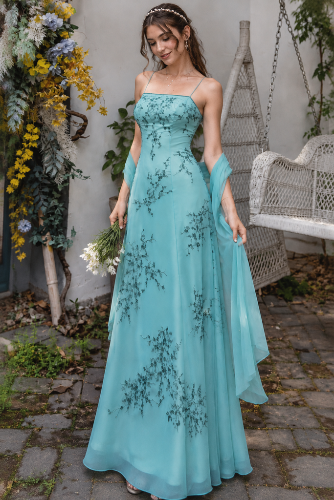 Unique Teal Embroidered Prom Dress Spaghetti Strap Tulle Evening Gown,OLP2462