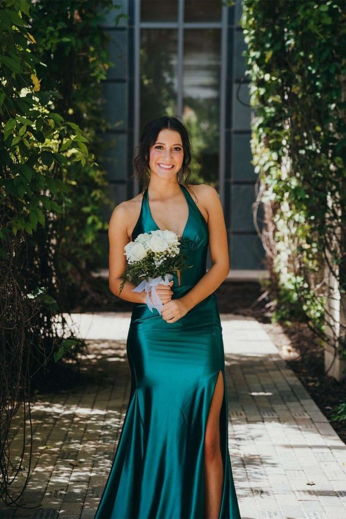 Elegant Green V-Neck Mermaid Side Slit Long Prom Dress Ideas, Evening Party Dresses, OLP1644