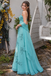 Unique Teal Embroidered Prom Dress Spaghetti Strap Tulle Evening Gown,OLP2462