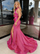 Stunning Hot Pink Halter Prom Gown Triple Rosette Cutout Satin High Slit Dress,OLP1881