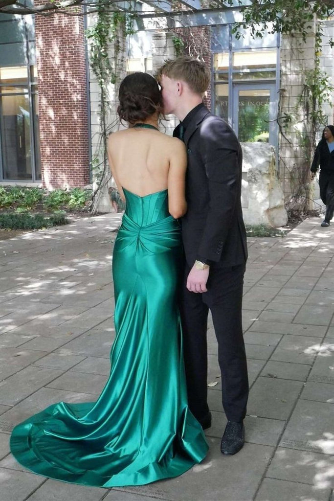 Elegant Green V-Neck Mermaid Side Slit Long Prom Dress Ideas, Evening Party Dresses, OLP1644