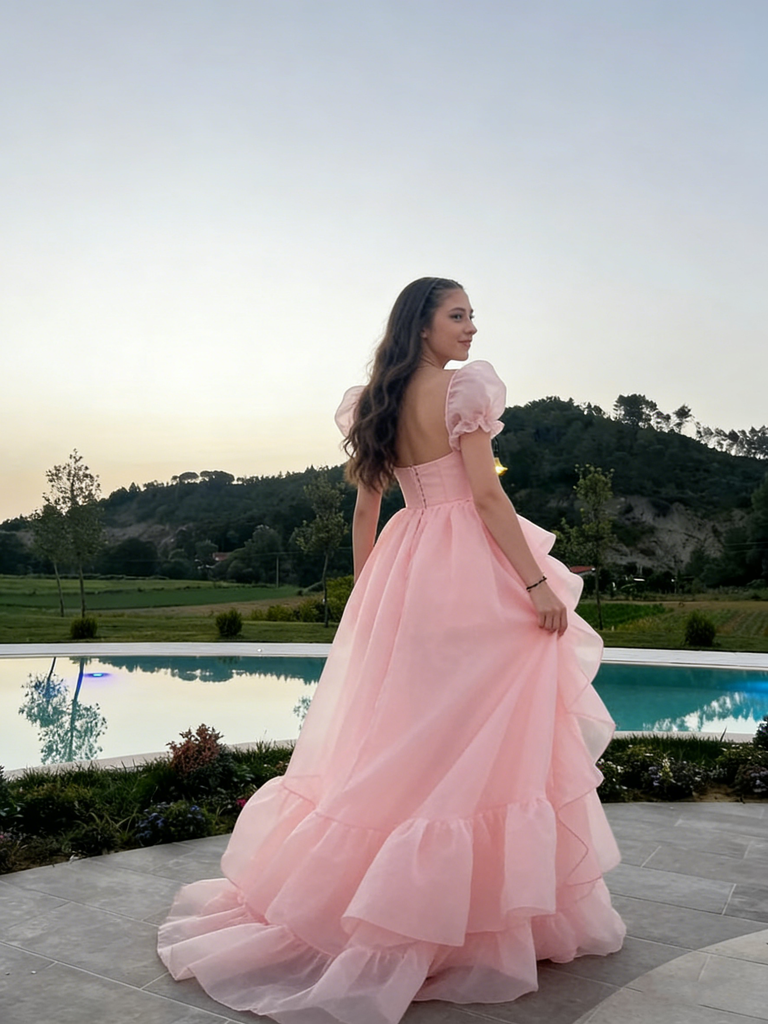 Fancy Blush Pink Organza Ball Gown with Puff Sleeves and Dramatic Ruffle Skirt,OLP1890