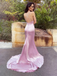 Sexy V Neck Pink Satin Prom Dress Sleeveless Mermaid Gown with High Slit, OLP1692