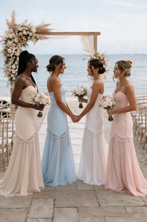 Classy Pearl Trimmed Mermaid Bridesmaid Dress Strapless Scalloped Hemline,BG957