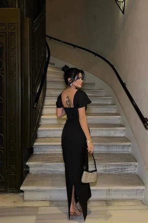 Unique Black Short Sleeve Mermaid Side Slit Long Prom Dress Ideas, Evening Party Dresses, OLP1404