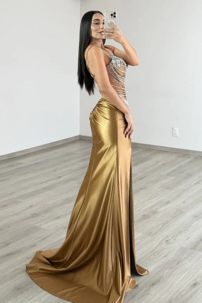 Elegant Gold Spaghetti Strap Mermaid Long Prom Dress Ideas, Evening Party Dresses, OLP1632