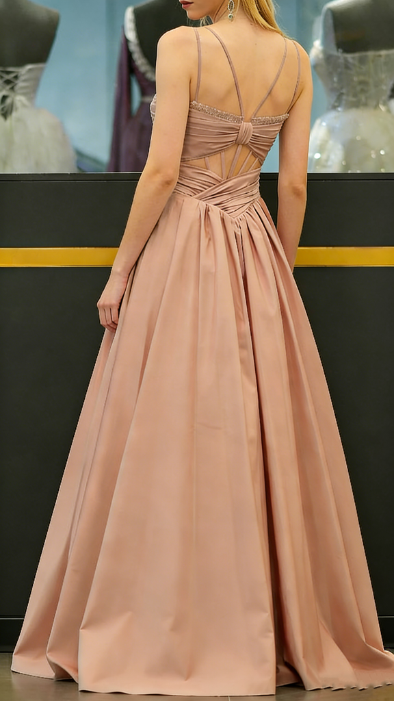 Modern Pink A-Line Prom Dress Unique Cut-Out Bodice Strappy V-Neck Pleated Evening Gown,OLP1723