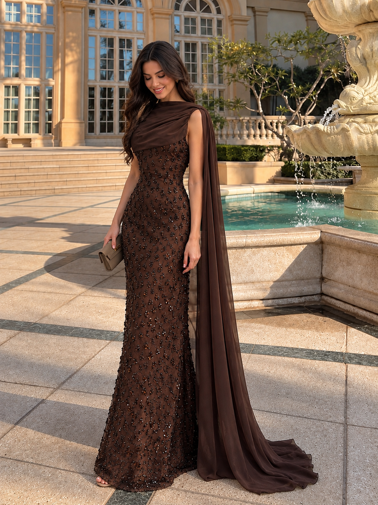 Classy Brown Sequin High-Neck Cape Sheath Evening Prom Dress,OLP2472