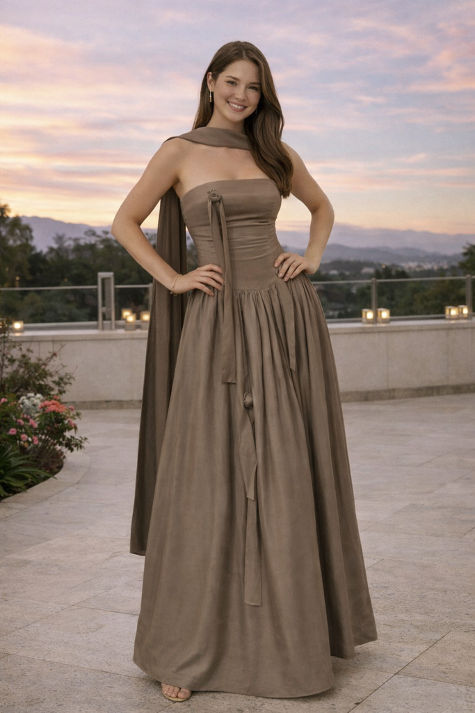 Vintage Brown Tulle Prom Dress Strapless A-Line Gown with Chiffon Wrap,OLP1926