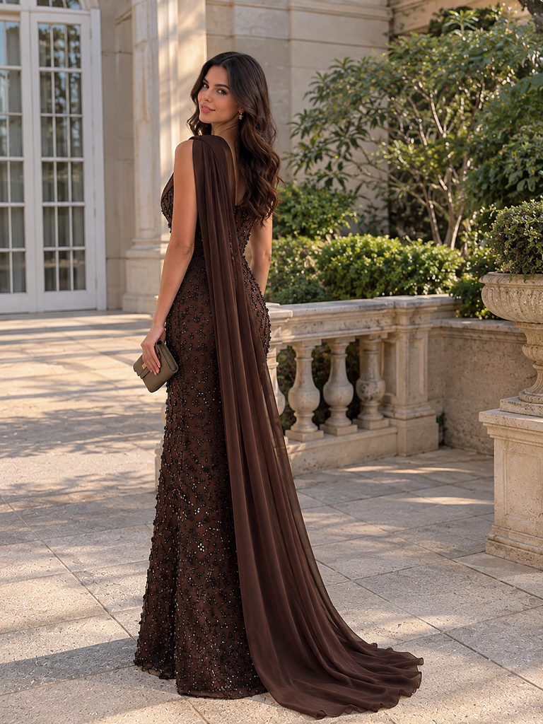 Classy Brown Sequin High-Neck Cape Sheath Evening Prom Dress,OLP2472
