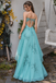 Unique Teal Embroidered Prom Dress Spaghetti Strap Tulle Evening Gown,OLP2462