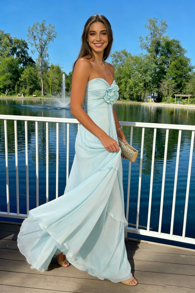 Dreamy Light Blue Strapless Chiffon Prom Gown Featuring 3D Floral Motif,OLP2109