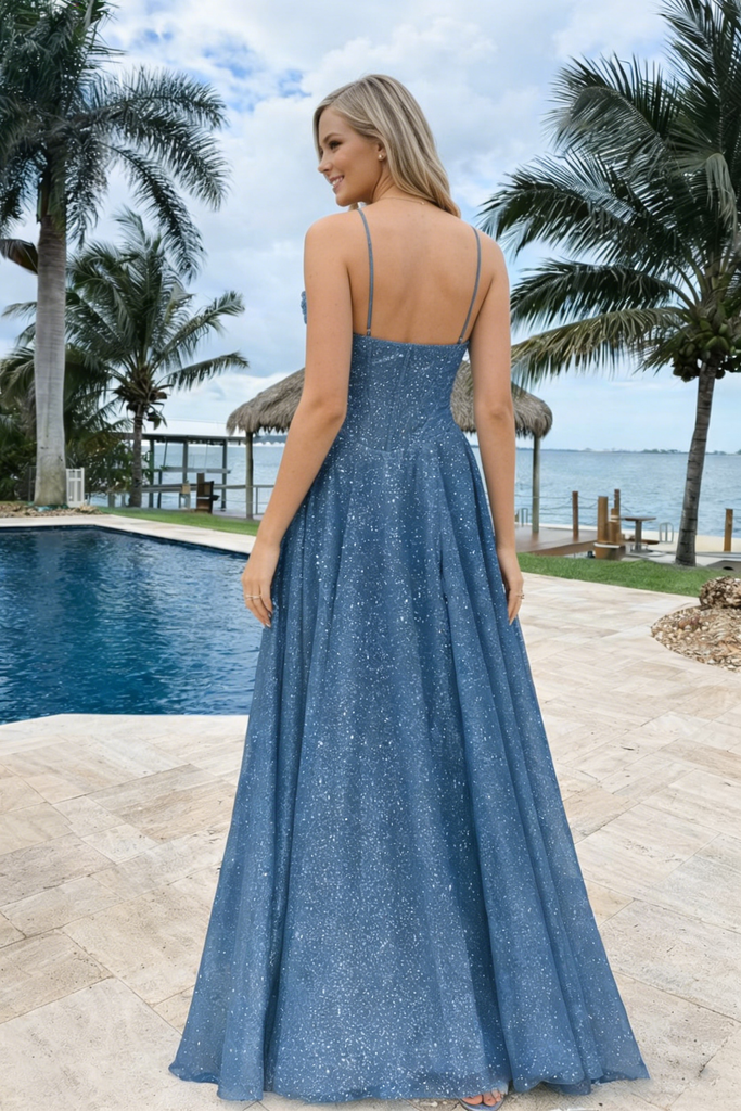 Beautiful Sparkly Blue A-Line Prom Gown with Corset Bodice & Thin Straps,OLP1941