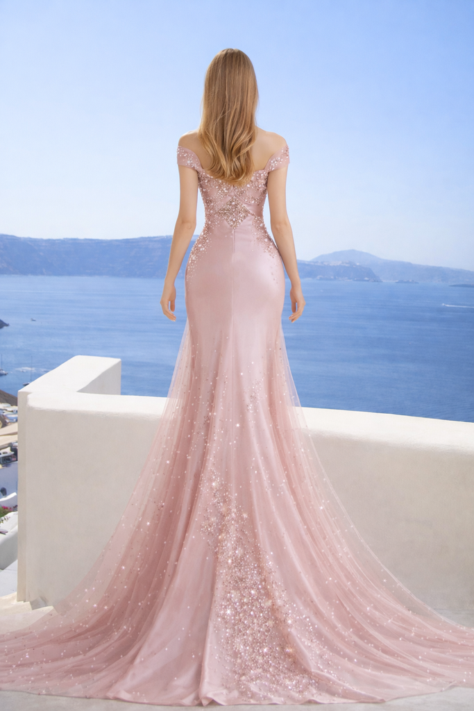 Glamorous Rose Gold Sequin Prom Dress Bardot Sleeves Luxury Cathedral Train,OLP2008