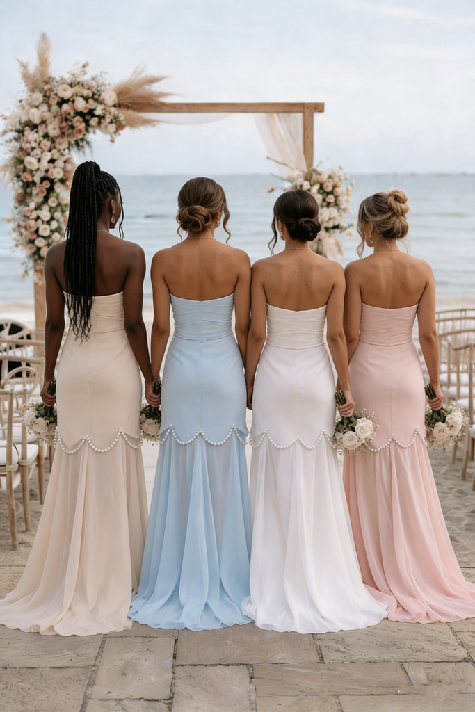 Classy Pearl Trimmed Mermaid Bridesmaid Dress Strapless Scalloped Hemline,BG957