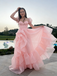 Fancy Blush Pink Organza Ball Gown with Puff Sleeves and Dramatic Ruffle Skirt,OLP1890
